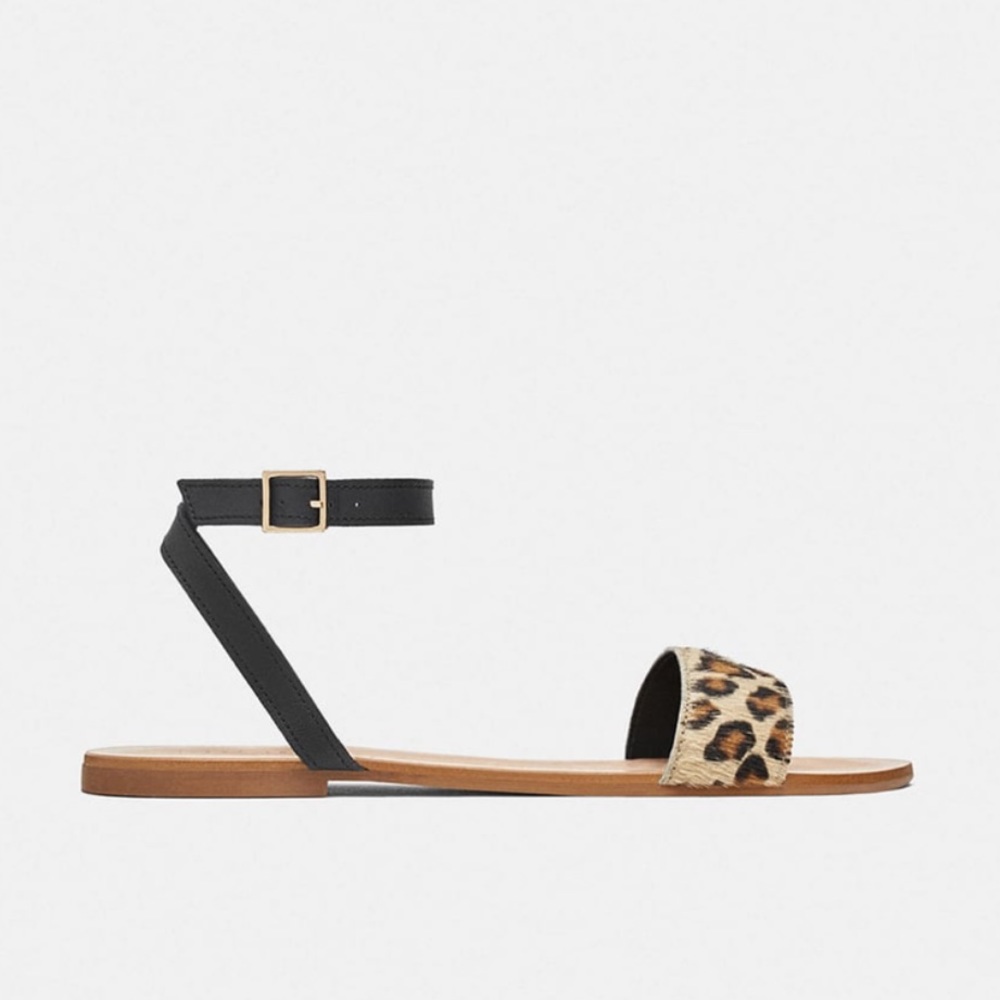 Zara Flat Leather Sandals with Leopard Print